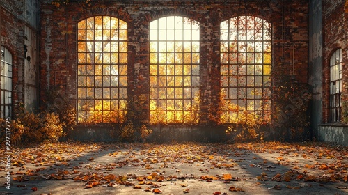 Abandoned Brick Building with Autumn Leaves and Sunlight Through Windows