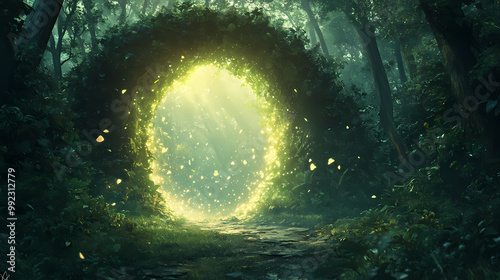 Mystical portal in enchanted forest, fantasy landscape with magical light, digital painting. Magical Forest. Illustration