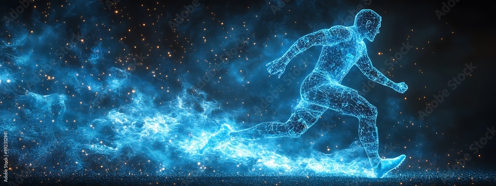 Blue digital soccer player with glowing data, artificial intelligence into athlete performance analysis and training, enhancing player skills, strategy, and overall team performance design Blue digital soccer player with glowing data, artificial intelligence into athlete performance analysis and training, enhancing player skills, strategy, and overall team performance design