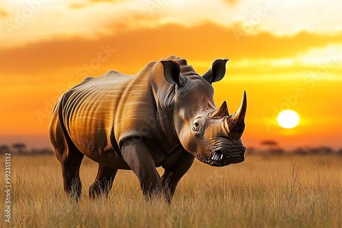 A rhinoceros walking through the tall grass, with the sun setting behind it, casting long shadows across the savannah