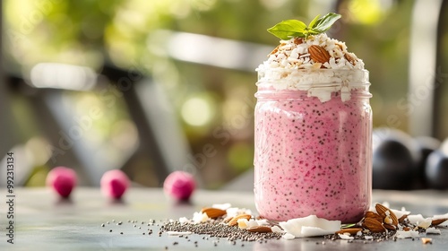 Acerola chia pudding topped almond flake coconut served mason jar outdoor fitness center gym equipment softly blurred background promoting nutritious energyboosting snack Scientific name Malpighia photo