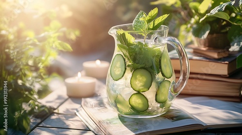 Acerola detox water fresh cucumber mint served clear glass pitcher sunlit terrace wellness books candles softly blurred emphasizing role detoxification and health Scientific name Malpighia emarginata photo