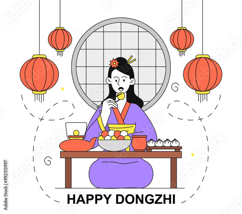 Happy dongzhi poster. Traditional chinese holiday and festival 23 December. Balance and harmony. Yin and yang philosophy. Linear vector illustration