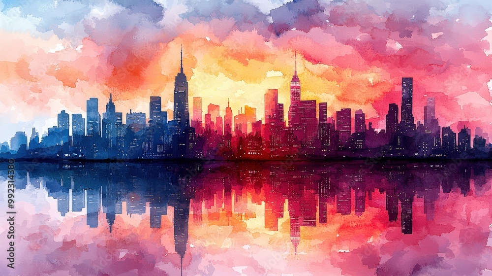 Obraz premium Watercolor Cityscape Skyline at Sunset with Reflection