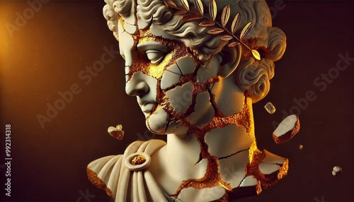 Cracked Marble Statue with Golden Repairs and a Laurel Wreath, Symbolizing Strength and Resilience in Classical Art.