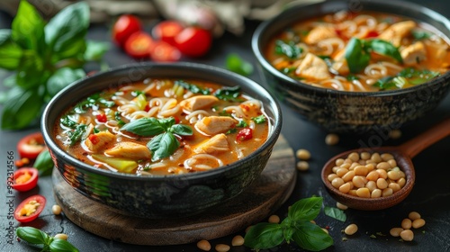 Spicy Thai Chicken Noodle Soup with Bok Choy, Bean Sprouts, and Basil in the Black Bowls