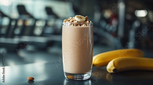 Acerola protein shake blended almond milk banana served reusable bottle at a gym with fitness equipment blurred in the background emphasizing postworkout nutrition Scientific name Malpighia emarginata photo