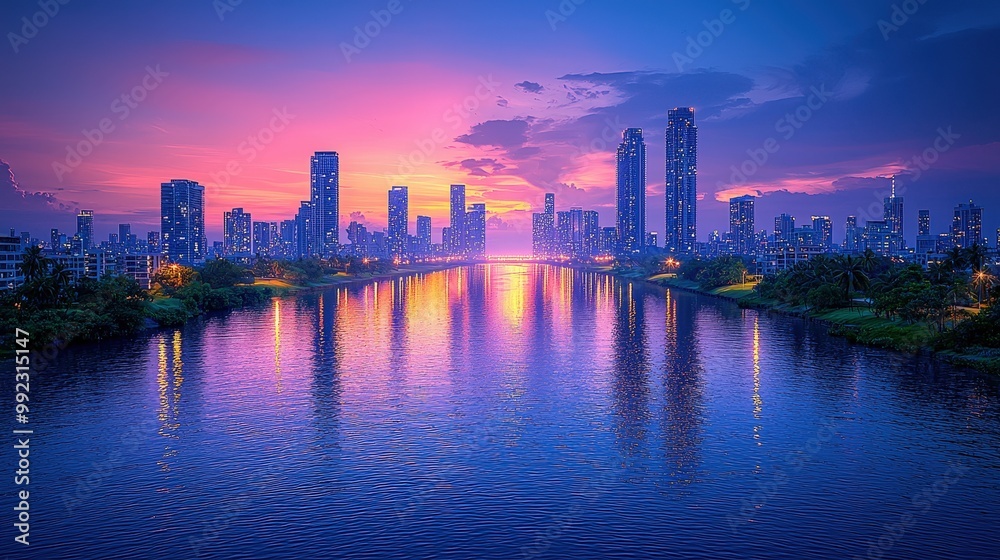 Fototapeta premium City Skyline Reflection in Water at Sunset