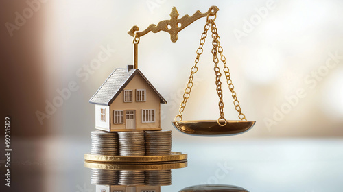 Balanced House Model on Stacked Coins with Scales, Depicting Real Estate Investment and Financial Balance.