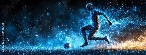  Blue digital soccer player with glowing data, artificial intelligence into athlete performance analysis and training, enhancing player skills, strategy, and overall team performance design 