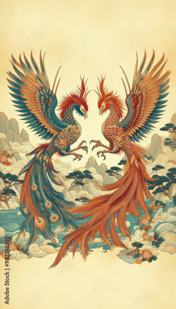 Obraz premium 浮世絵、日本画／鳳凰 Phoenix フェニックス 