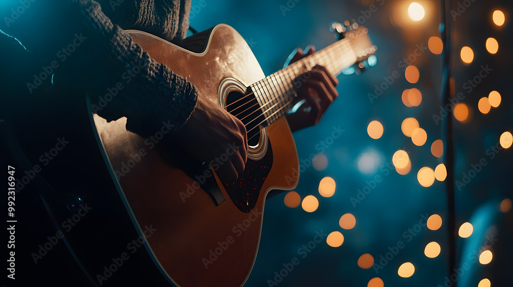 Fototapeta premium Acoustic Guitar Performance in Vibrant Stage Lighting