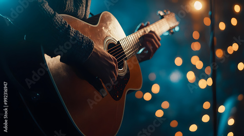 Acoustic Guitar Performance in Vibrant Stage Lighting