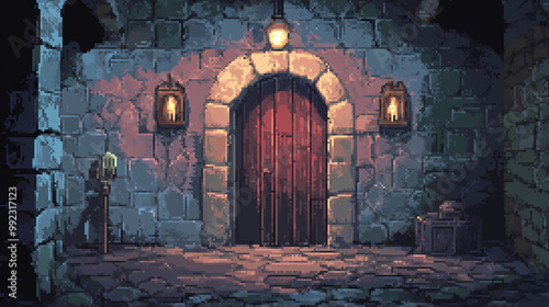 Pixel art of old castle dungeon background battle scene in rpg old school retro bits, bits game style. Dungeon Explorer. Illustration photo