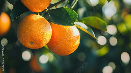 Close-up of ripe oranges on a branch, their bright orange color contrasting beautifully with the green leaves in the sunny orchard.