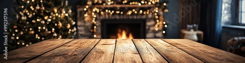 Empty wooden table with a blurry background of a fireplace and a Christmas tree with lights.