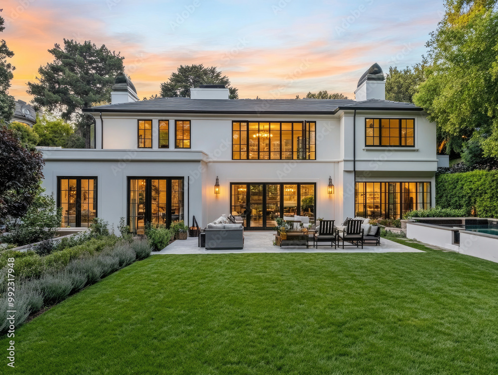 Fototapeta premium A large two-story white house with a large backyard and patio, during the golden hour
