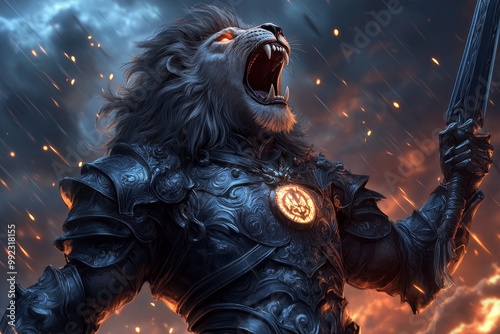 A lion humanoid warrior in dark armor, roaring fiercely as he wields a great sword, standing in the midst of a stormy battlefield photo