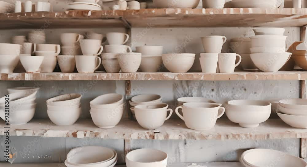 White Pottery on Shelves in a Workshop White Pottery on Shelves in a Workshop
