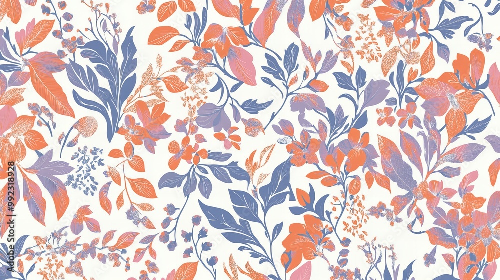 Fototapeta premium Seamless floral pattern with orange, pink, and blue flowers on a white background.