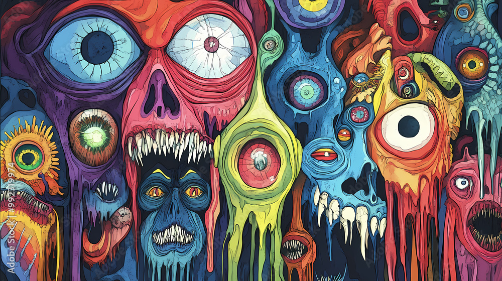 Fototapeta premium The image is a colorful and abstract drawing of many different monsters. Cyclops. Illustration
