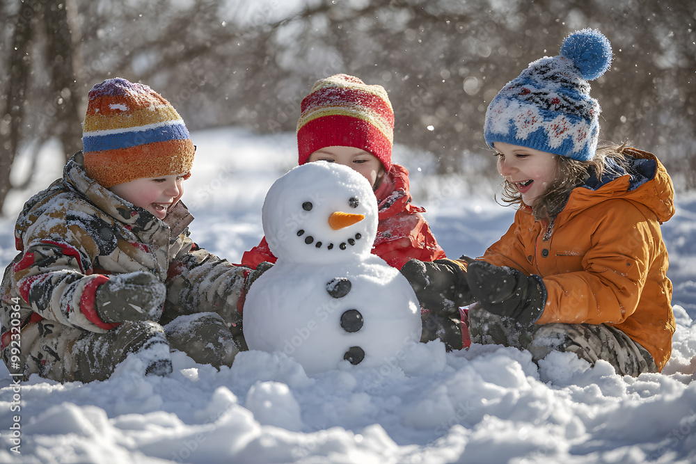 Group of Children Building a Snowman in Winter Group of Children Building a Snowman in Winter