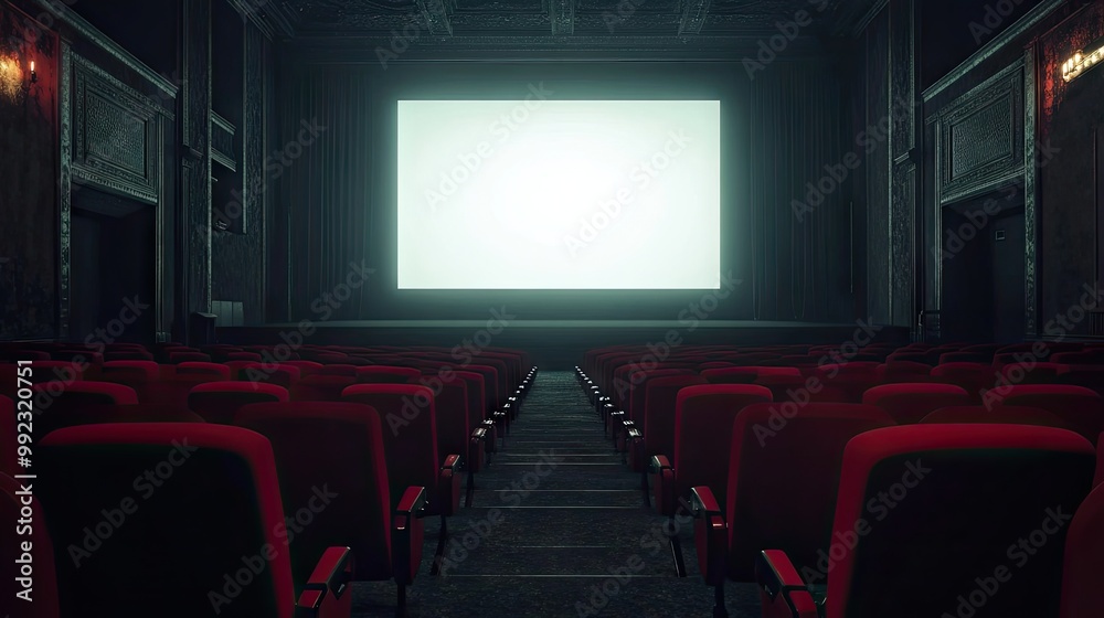 Rows of empty red seats in a darkened cinema hall, leading up to a large blank screen, creating a quiet and serene ambiance. Rows of empty red seats in a darkened cinema hall, leading up to a large blank screen, creating a quiet and serene ambiance.