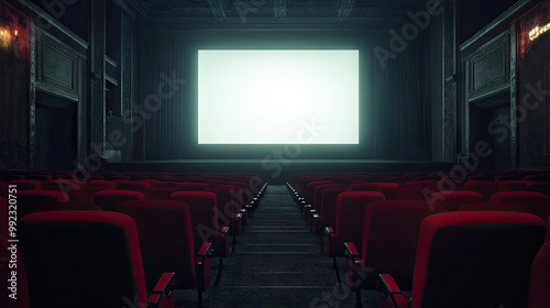 Rows of empty red seats in a darkened cinema hall, leading up to a large blank screen, creating a quiet and serene ambiance.