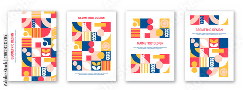Set of geometric posters. Contemporary art. Abstract geommetric figures. Brochure, flyer and booklet. Mosaic template for covers. Flat vector collection