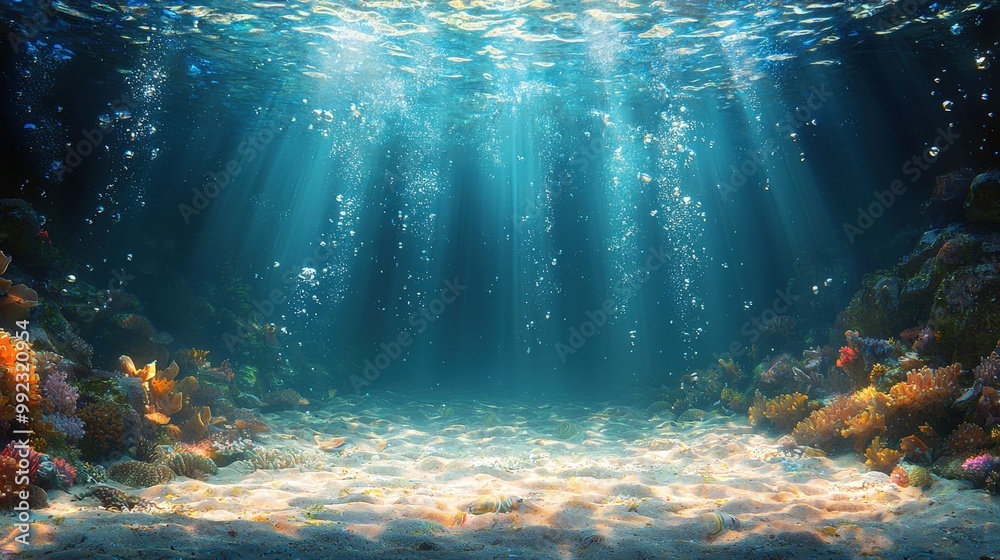 Underwater Sunlight Beams Through Coral Reef And Sandy Bottom Underwater Sunlight Beams Through Coral Reef And Sandy Bottom