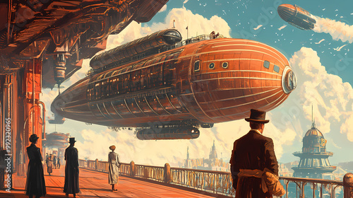 Retrofuturistic airship docking at a floating skyport with passengers dressed in vintage attire. Airship. Illustration photo