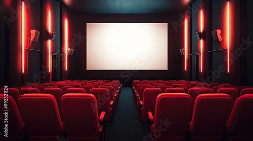 Rows of unoccupied red theater seats in a cinema hall, with a large blank screen illuminated softly by the overhead lights.