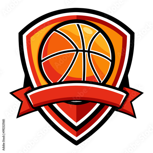 Basketball Shield Logo Design: A vibrant and energetic basketball emblem, featuring a classic shield design and a bold, red banner, ready for your team or league name.  