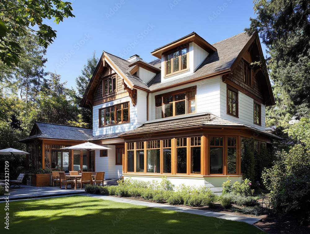 Obraz premium A beautiful white house with an expansive backyard, a perfectly manicured lawn, and a large patio area