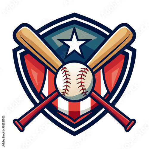 Baseball Emblem: A vibrant and patriotic baseball emblem featuring a white star on a red, white, and blue shield, two crossed bats, and a baseball in the center.