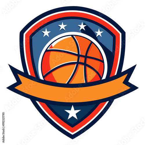 Basketball Team Logo:  Bold and dynamic, this basketball logo features a classic basketball design within a stylized shield, complete with stars and a ribbon banner, ready for your team's name.  