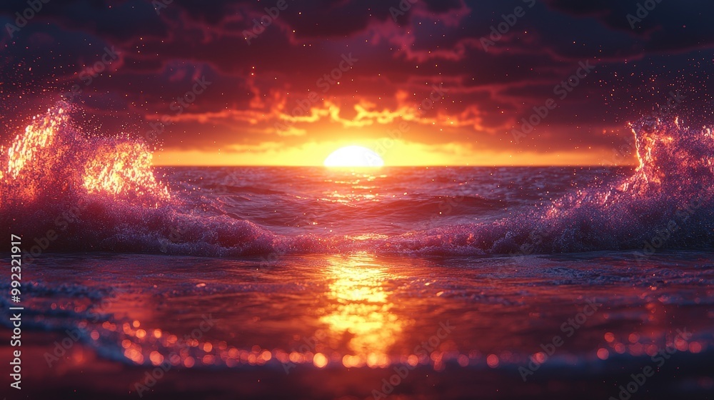 Dramatic Sunset Over Ocean With Waves and Golden Light Dramatic Sunset Over Ocean With Waves and Golden Light