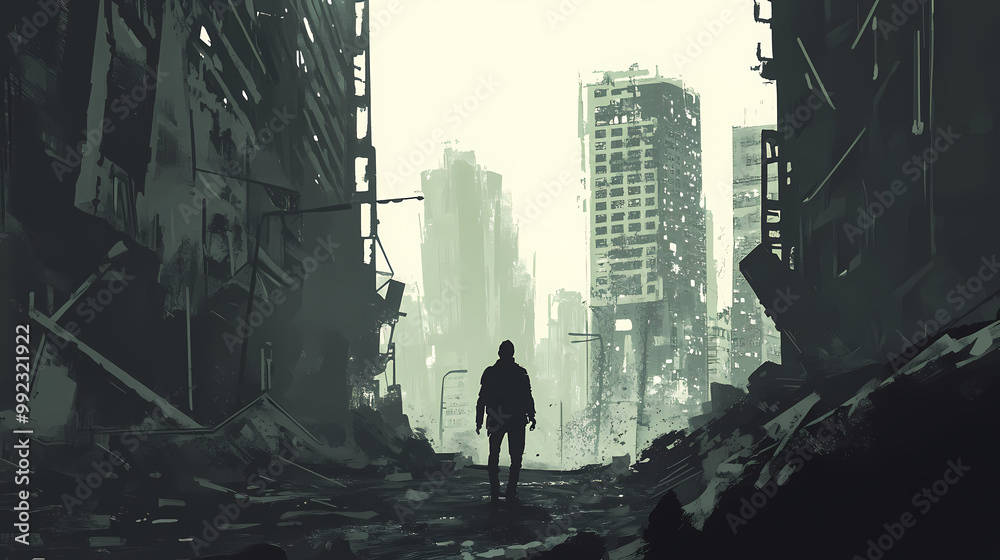 Solitary figure traversing desolate,crumbling cityscape in dystopian wasteland. Futuristic Wasteland. Illustration Solitary figure traversing desolate,crumbling cityscape in dystopian wasteland. Futuristic Wasteland. Illustration