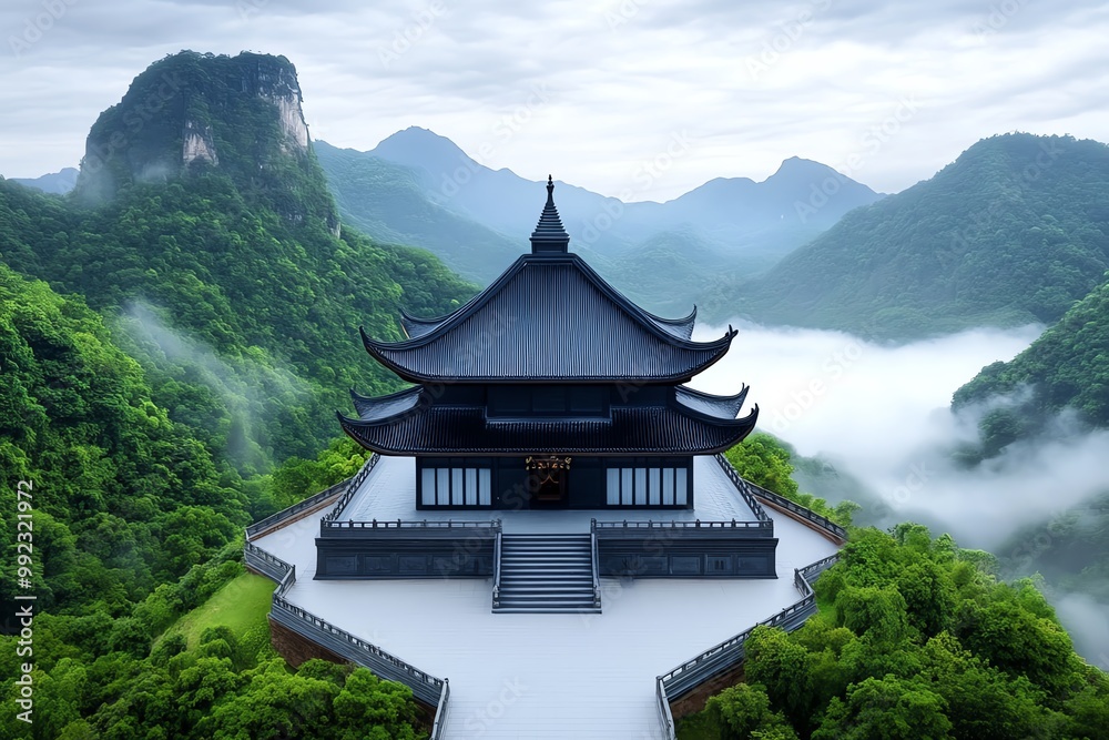 A temple set against a mountain landscape, with mist rising from the valley, creating a sense of spiritual mystery A temple set against a mountain landscape, with mist rising from the valley, creating a sense of spiritual mystery