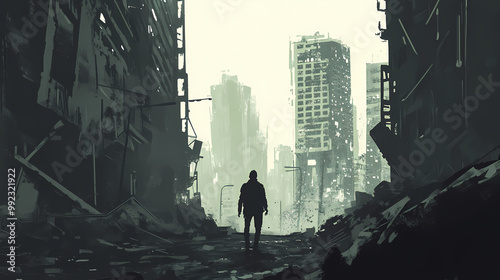 Solitary figure traversing desolate,crumbling cityscape in dystopian wasteland. Futuristic Wasteland. Illustration photo