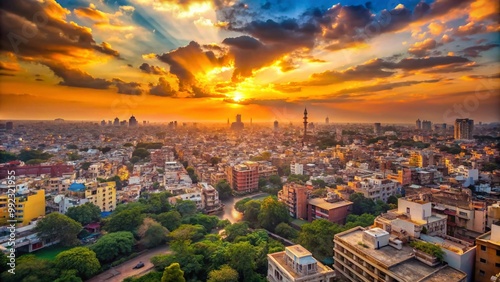 Breathtaking Delhi India Skyline at Sunset with Iconic Landmarks and Beautiful Cloudy Skies