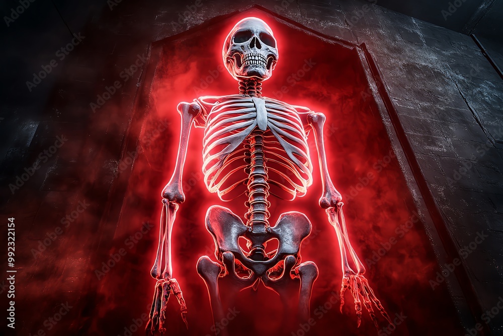 A towering skeleton figure emerging from a crypt, bathed in eerie red light and black fog, in a skeleton fantasy artwork illustration A towering skeleton figure emerging from a crypt, bathed in eerie red light and black fog, in a skeleton fantasy artwork illustration