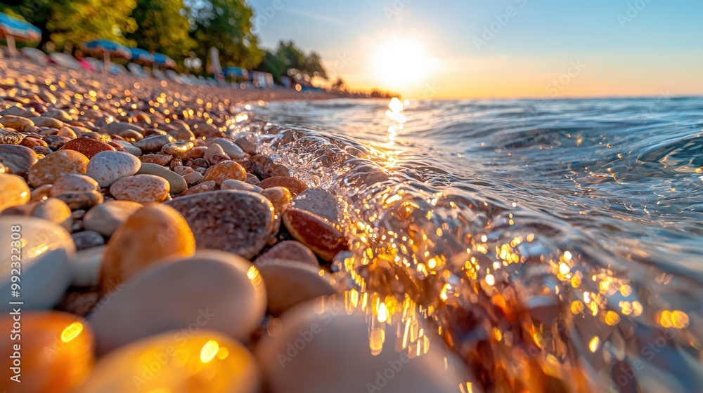 Obraz premium Golden Sunset Waves Crashing on Pebble Beach