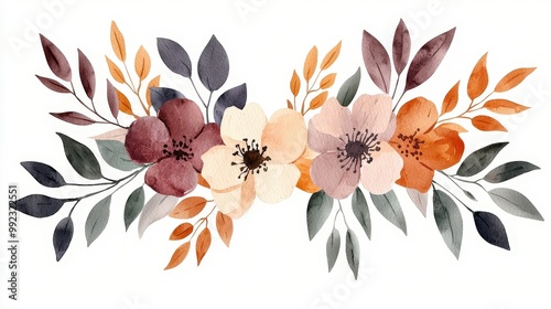 Watercolor Floral Arrangement with Burgundy  Peach and Cream Flowers and Green and Brown Leaves