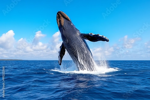 A whale breaching out of the ocean, its massive body rising above the water before crashing down with a huge splash photo