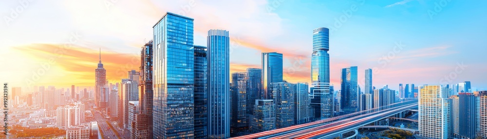 Modern City Skyline at Sunset with Vibrant Colors Modern City Skyline at Sunset with Vibrant Colors