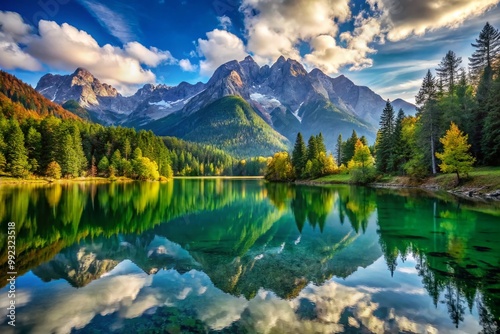 Breathtaking Landscape Featuring Majestic Mountains, Lush Green Forests, and Crystal Clear Lake Reflections