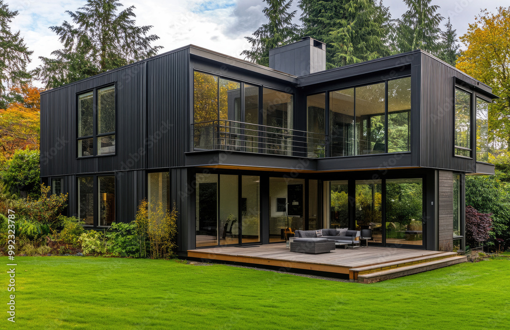Modern two-story home with black horizontal paneling and wooden accents, large windows on the second floor for natural light and a view of the backyard with lush green grass. Modern two-story home with black horizontal paneling and wooden accents, large windows on the second floor for natural light and a view of the backyard with lush green grass.