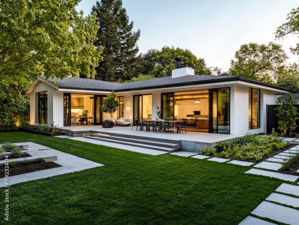 A stunning home, with an expansive backyard and large patio area featuring lush green grass and trees. A stunning home, with an expansive backyard and large patio area featuring lush green grass and trees.