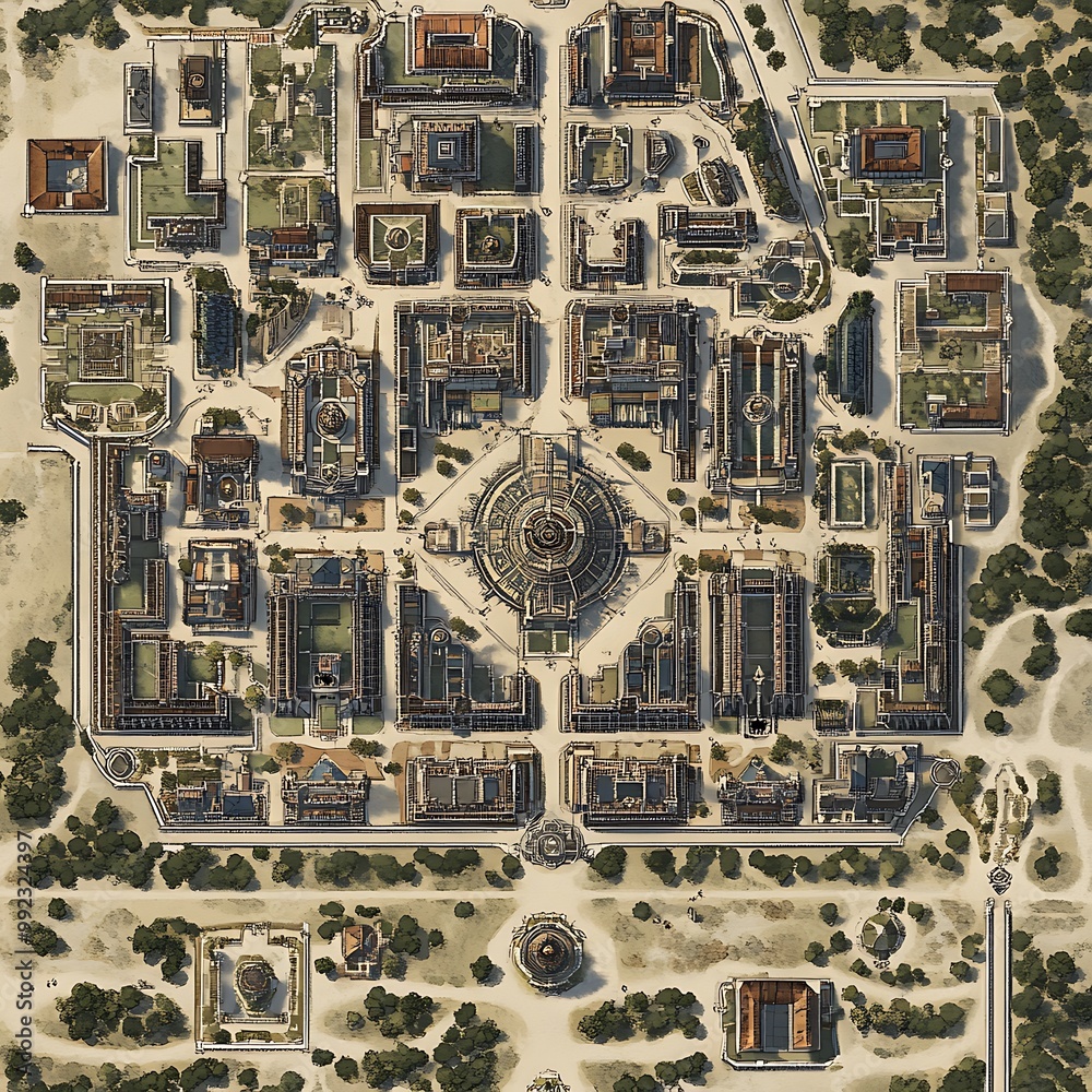 Obraz premium Aerial View of a Medieval Fantasy City with Central Plaza and Surrounding Buildings
